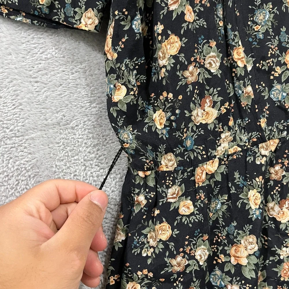 Vintage ED Michaels Dress 13/14 Petite Dark Floral Puff Sleeve Cottagecore Roses